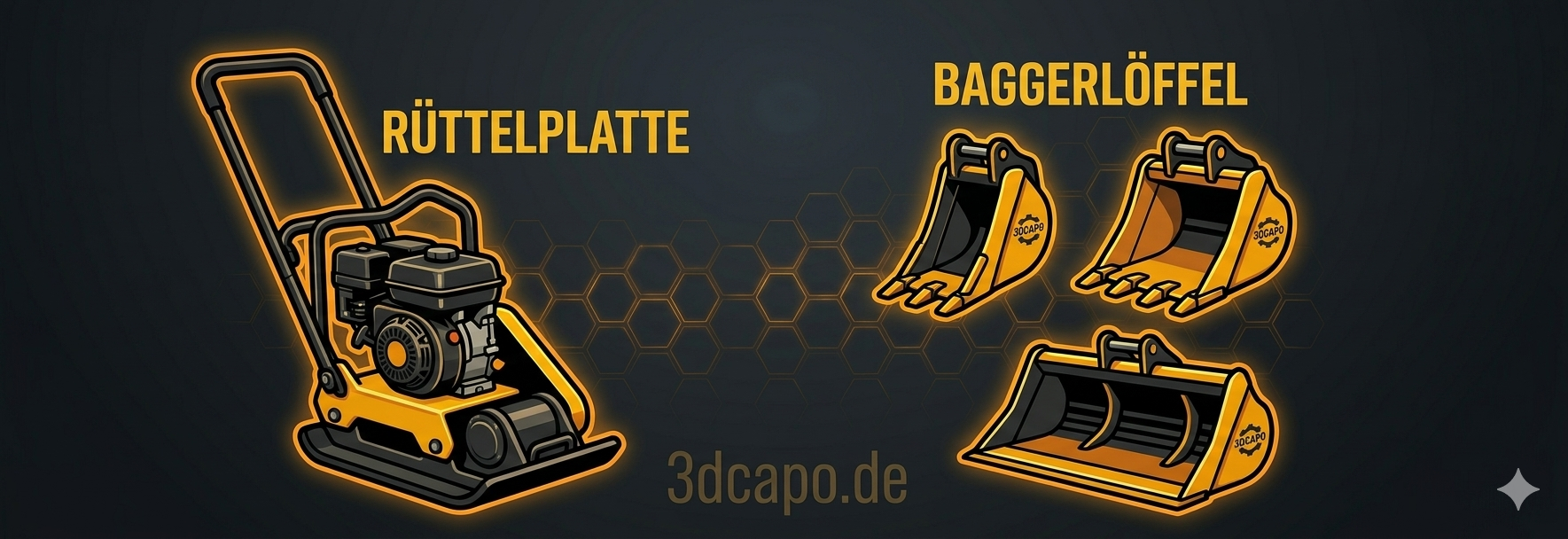 Zubehör für Minibagger wie Holzgreifer, Schwenklöffel und Rüttelplatte